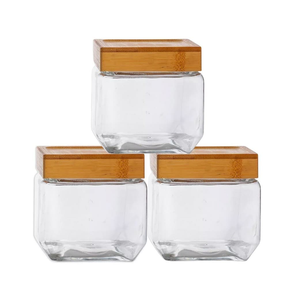 Kit 3 Pote Hermético Quadrado Tampa Bambu Design Sofisticado Mantimentos Multiuso 880ml