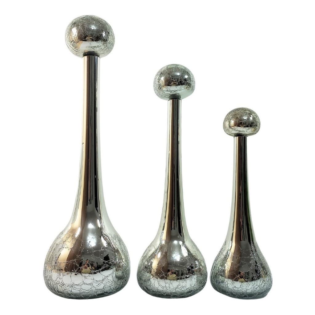 3 Vasos Craquelado Bola Decorativos De Vidro Prateado