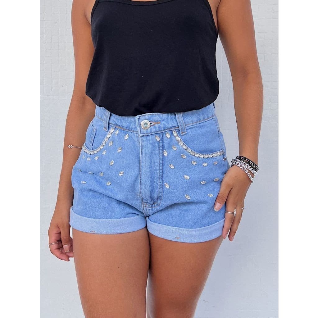 Janejeans 5019 short Jeans feminina com brilho jeans casual com rascada cintuta alta com bolsa P38 M40 G 42 5019