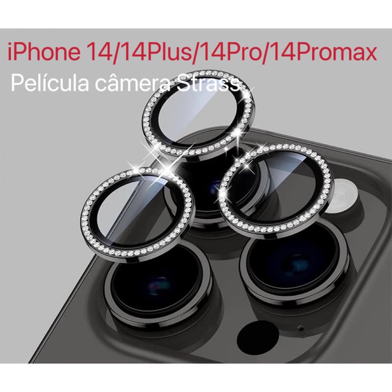 KIT Película câmera Diamante Para IPhone 14/14Plus/14Pro/14Promax Película com Strass Brilhante Brilho proteção a lente