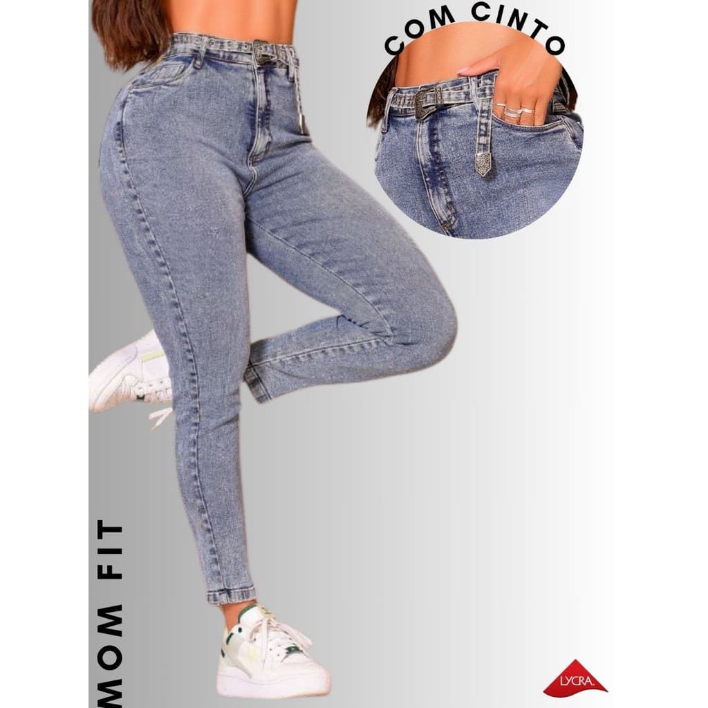 Calça Jeans Mom Fit Com Super Lycra com Cinto Cintura Alta
