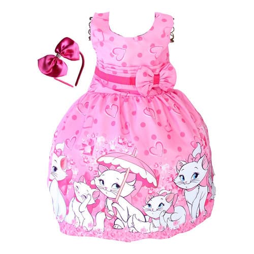 Vestido Luxo Infantil Rosa Meninas Gatinha Marie Com Tiara.
