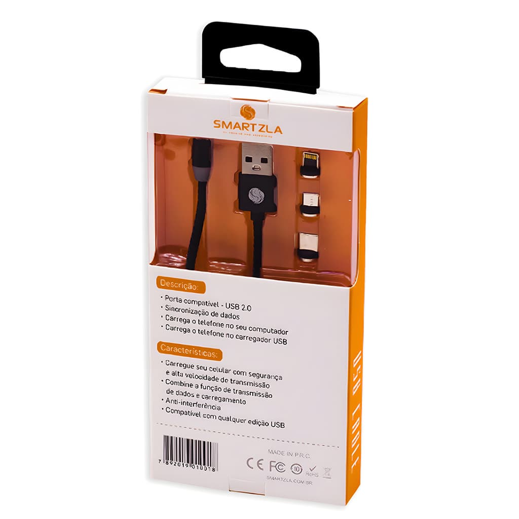 Cabo USB 2.0 Magnético Smartzla Entradas USB-C/V8/Lightning SAT-C005 2.4A Carrega Rápido