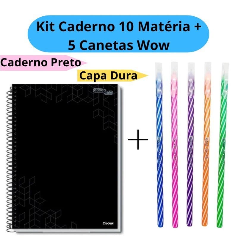 Kit Caderno Universitário 10 Matérias + 5 Canetas Wow Coloridas 0.7mm Caderno Capa Dura Preto Escolar