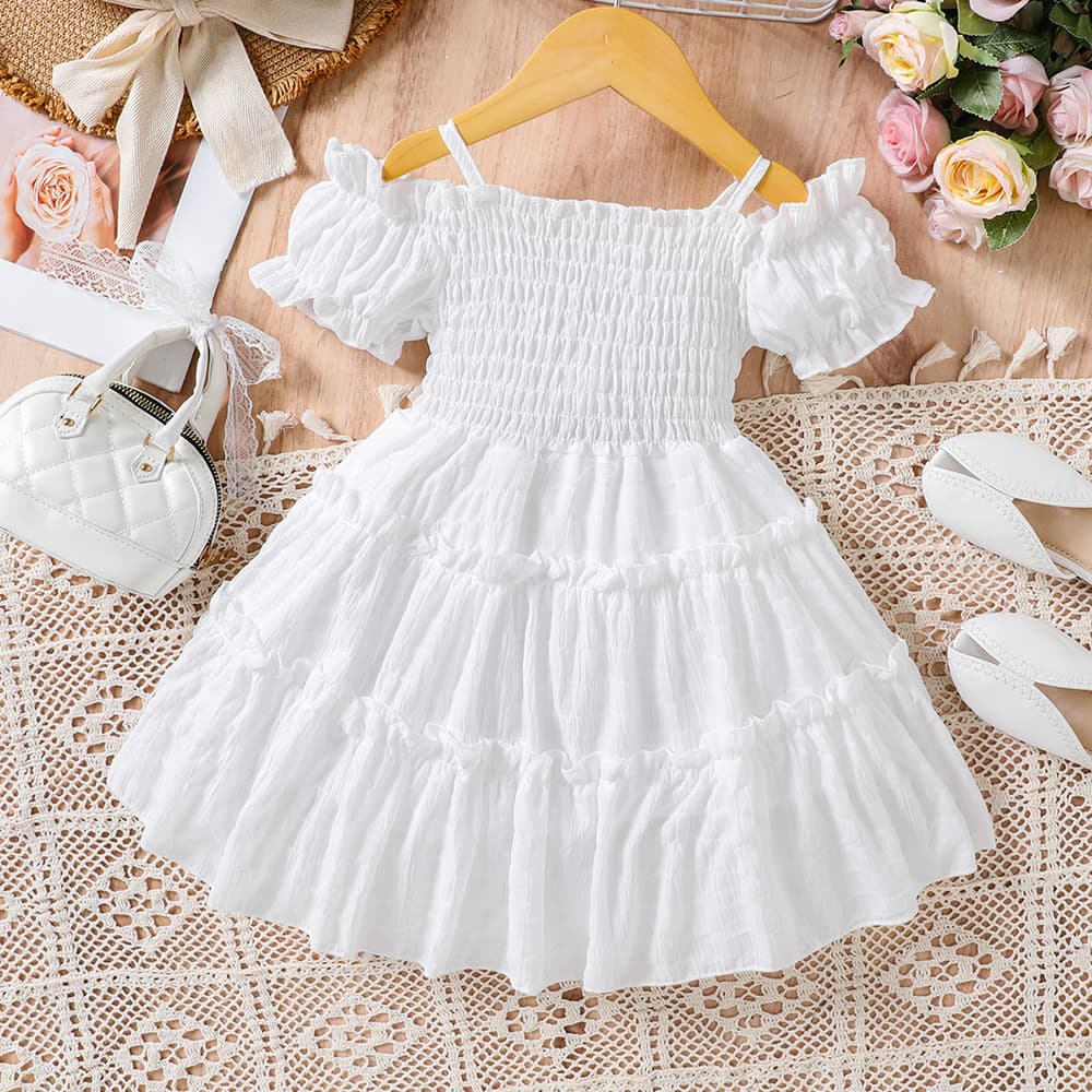 Vestido Infantil Moda Casual Babado Cor Sólida Meninas De Aniversário 3-8 Anos Fora Do Ombro Suspensórios Princesa