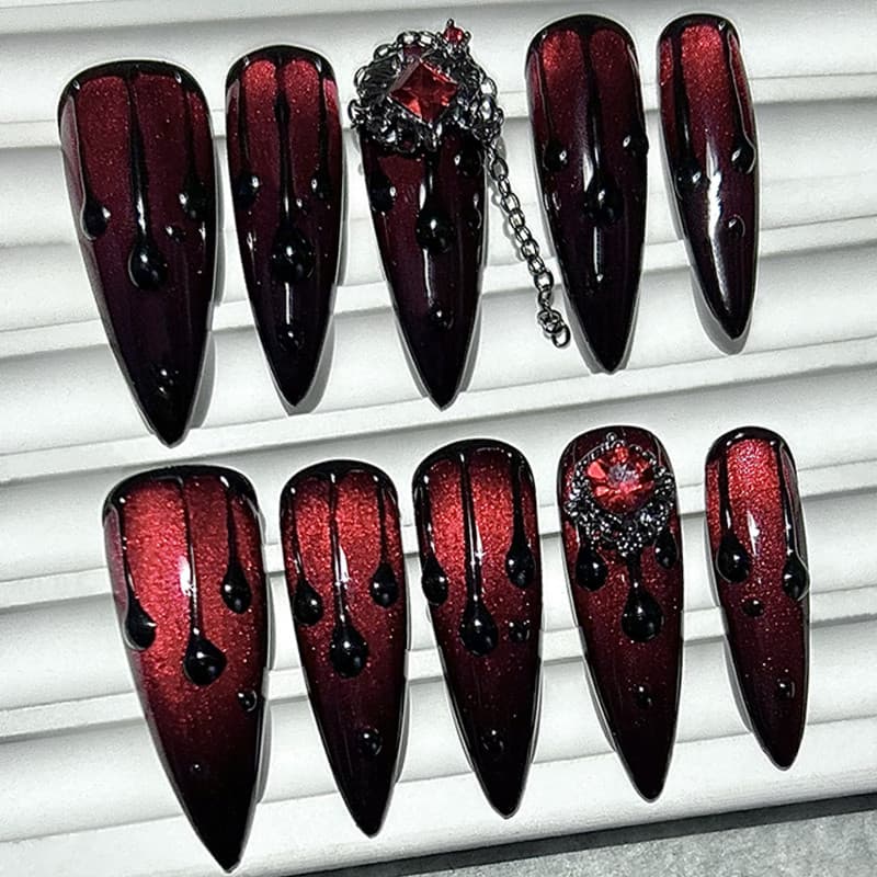 Sangue Escuro Vermelho Picante Meninas Ponta Longa Artesanal Imprensa Em Unhas Diamantes Vermelhos Olho De Gato Glitter