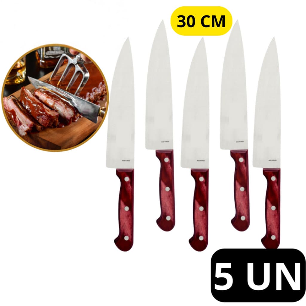 Kit 05 Faca De Cozinha Inox Profissional 7 Do Chef Cabo Madeira 30CM