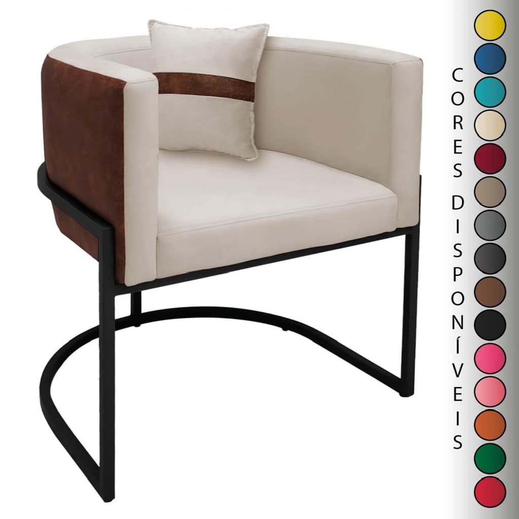 Poltrona para Sala Luna Base de Ferro Preta com Almofada Corino Peroba e Suede Aninha Decor