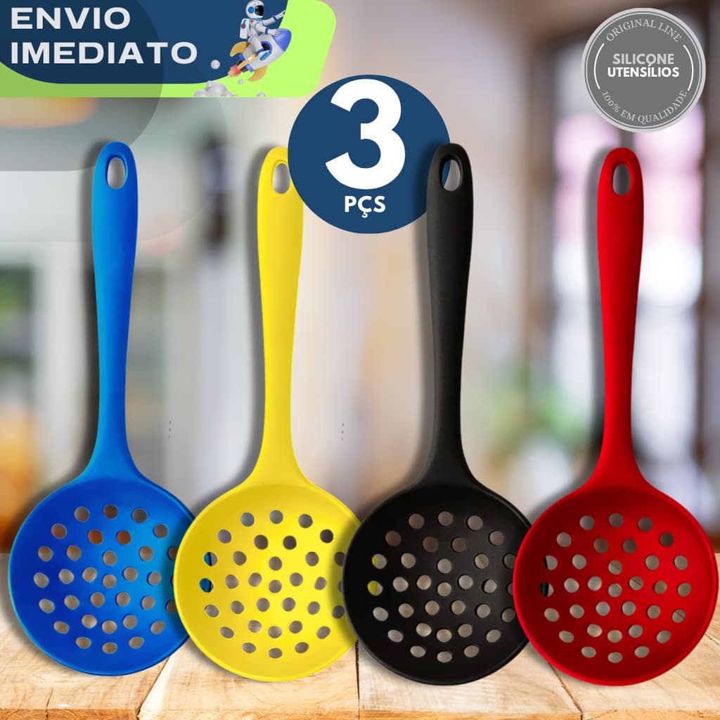 JOGO 3 Escumadeira Silicone Utensílios Anti Aderente Não Risca Cozinha Frituras Arroz Restaurante Festas Lanchonete Casa