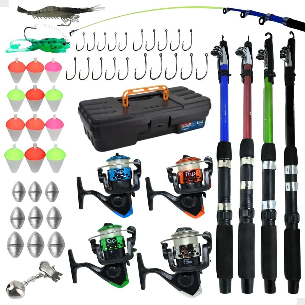Kit Pesca 4 Vara + 4 Molinete Maleta Acessorios Promo Barato