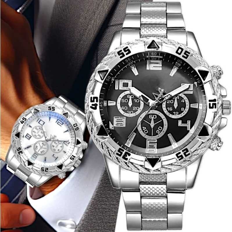 Kit 2 Relógios Masculinos Luxo Aço Inoxidável Quartzo Casual Dourado e Prata