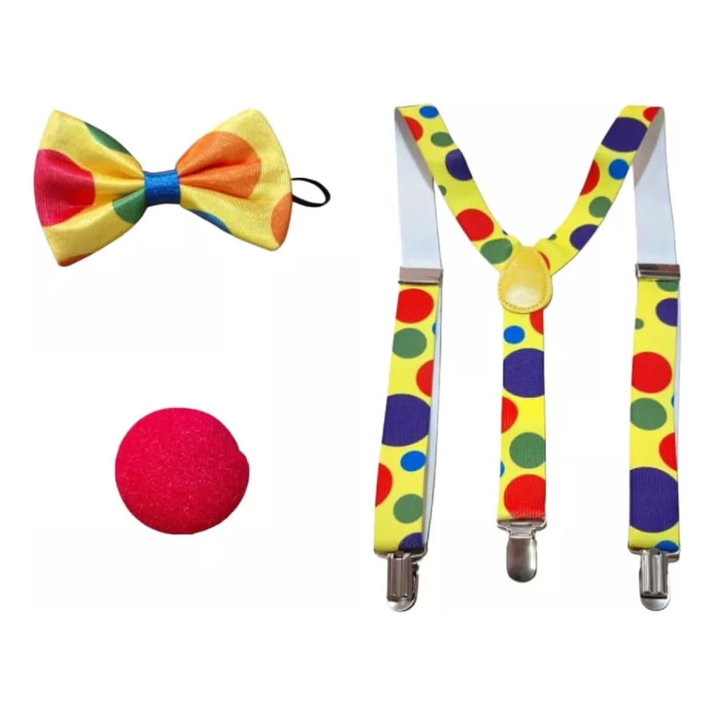 Kit Fantasia De Palhaço Adulto Infantil Suspensório Gravata E Nariz  3 Produtos Carnaval