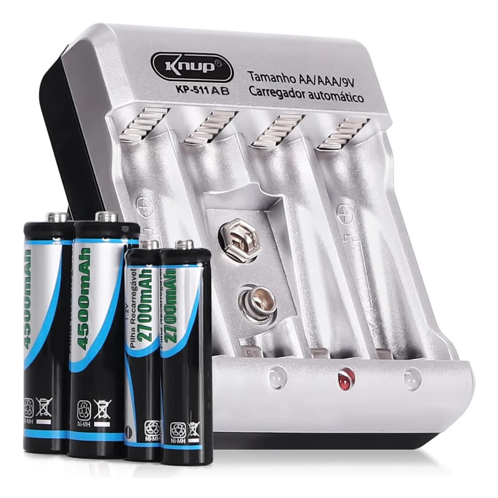Carregador de Pilhas Bivolt 9V AA & AAA c/ Pilhas Knup