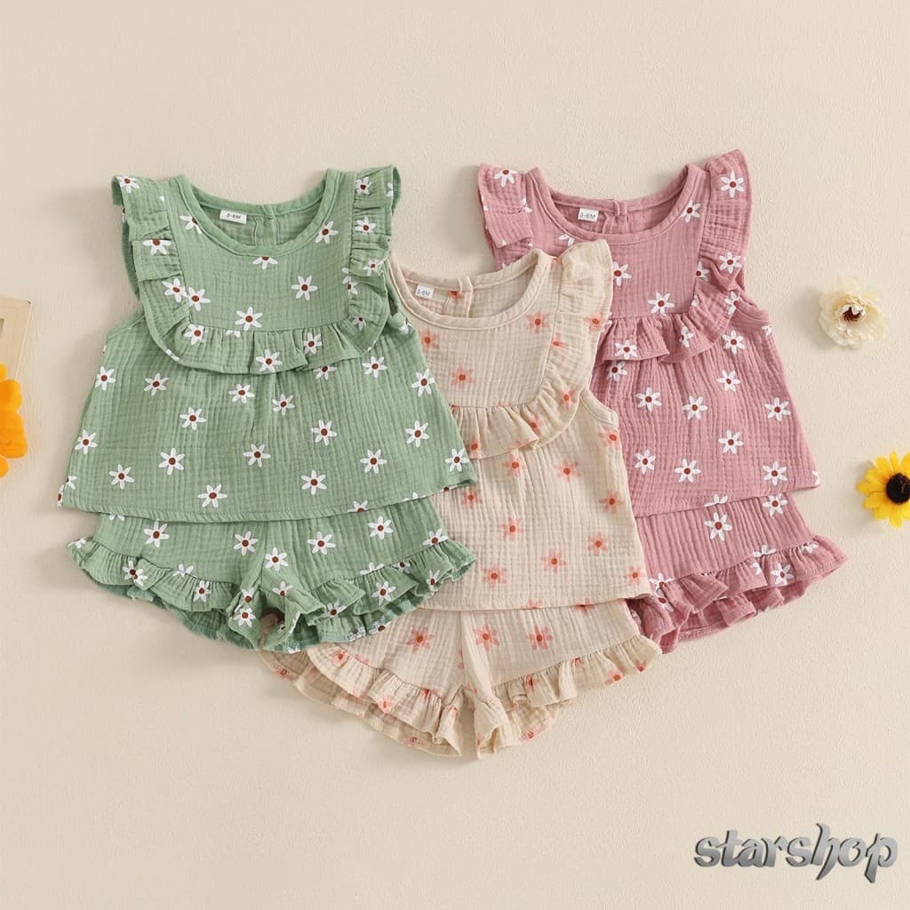 Starshop-Conjunto De Shorts Infantis Para Meninas , Floral , Sem Mangas , Gola Redonda , Regata E , Roupa De Verão De 2