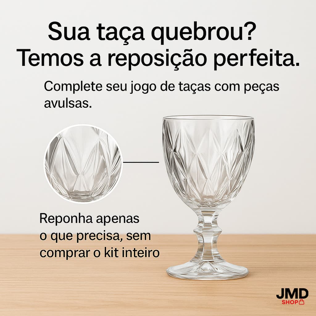 Taça de Vidro Lapidada Estilo Diamante Reposição Avulsa para Água Vinho ou Suco Tamanhos Variados