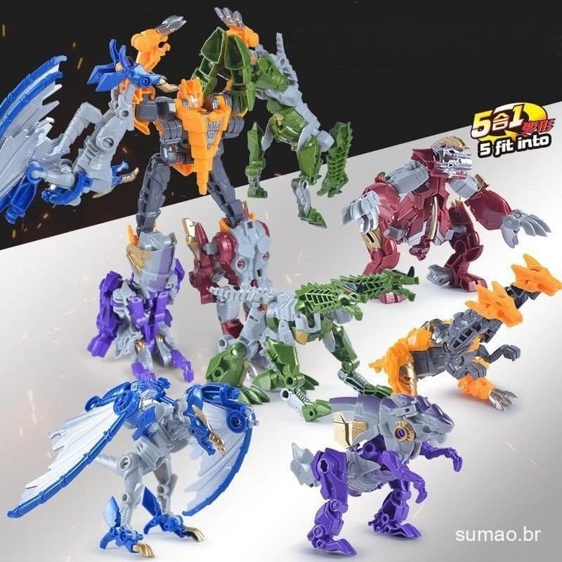 Brinquedo Dinossauro Transformável para Crianças 5-em-1 Robô de Montagem Combinação Mecha Modelo Tiranossauro