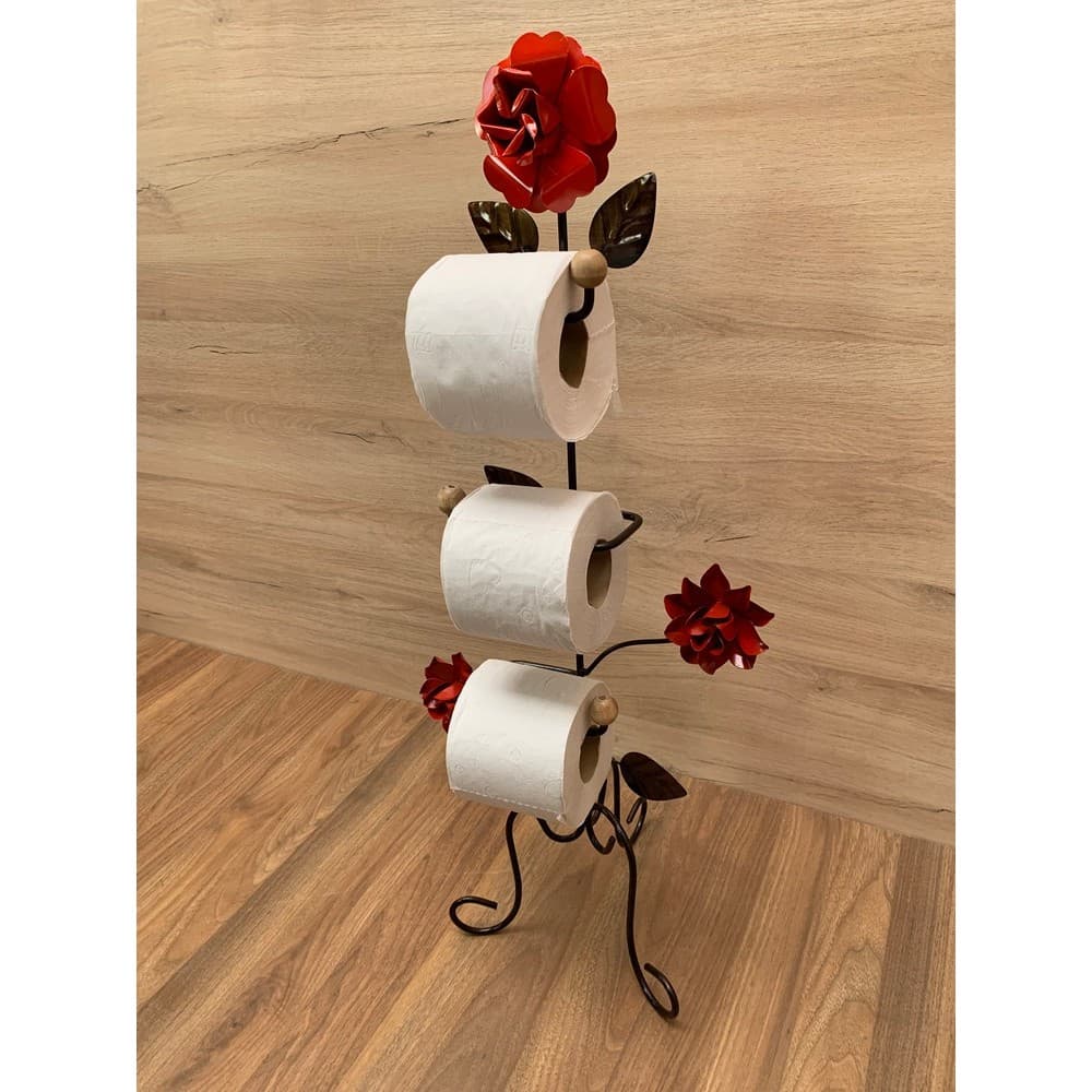 Porta Papel Higiênico Chão Em Ferro Flores Vermelho Full Nf