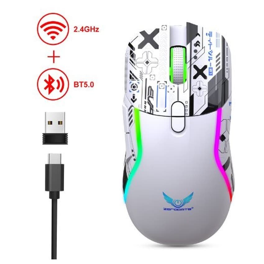 Mouse Gamer Sem Fio 2.4GHz + Bluetooth 5.0 RGB Recarregável