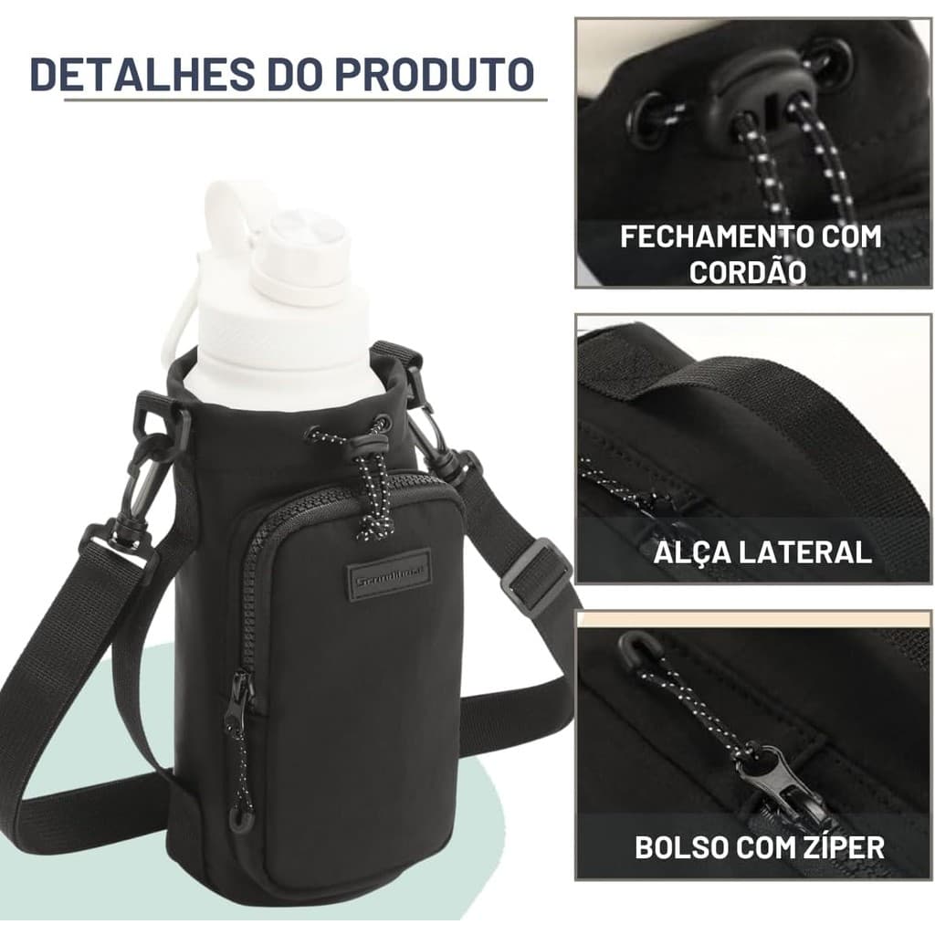 Porta Garrafa Térmica de Água 1L  Bolsa com Alça Ajustável Ombro e Mão Ideal para Academia Viagem