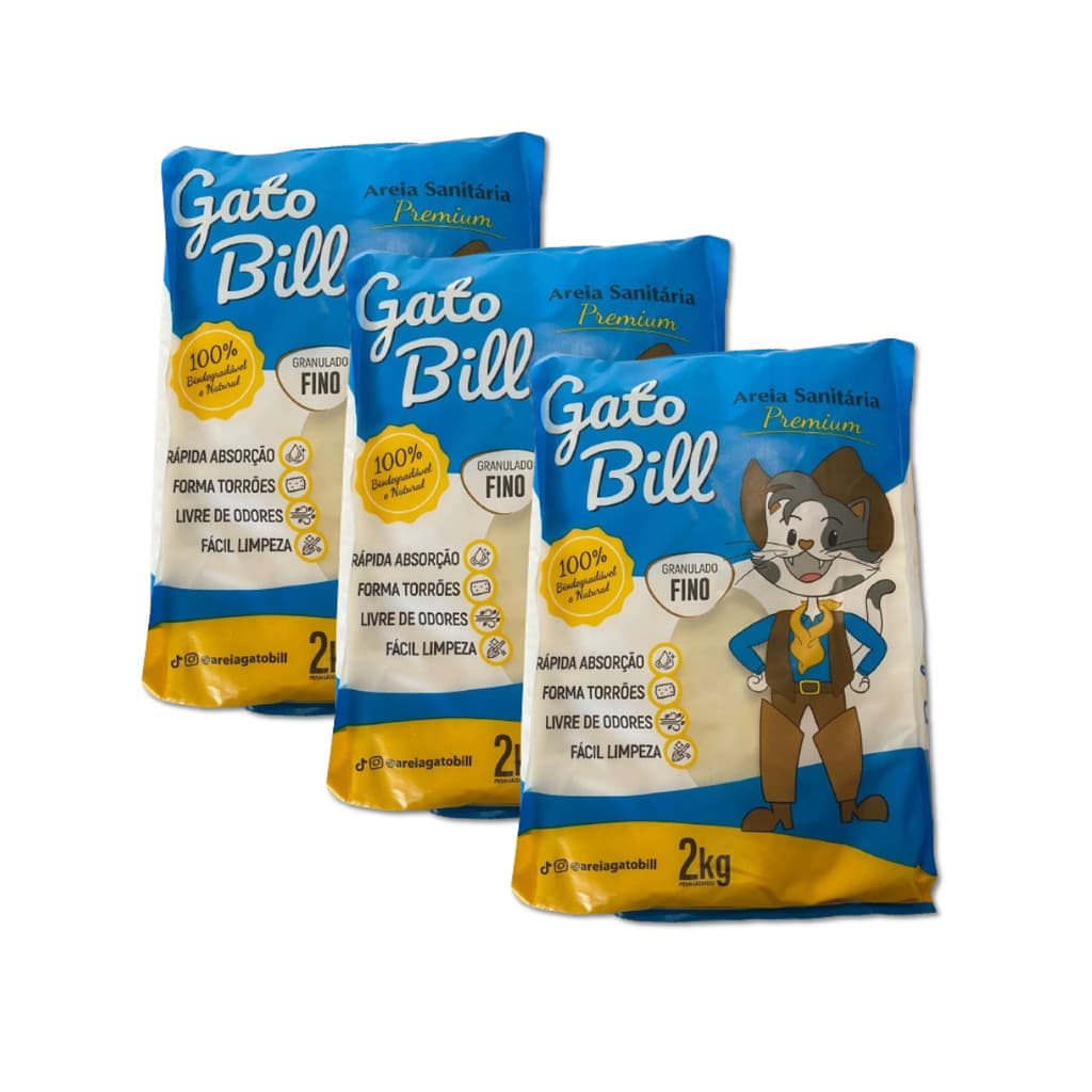 KIT 3X AREIA SANITÁRIA FINA BIODEGRADÁVEL 2KG GATOBILL
