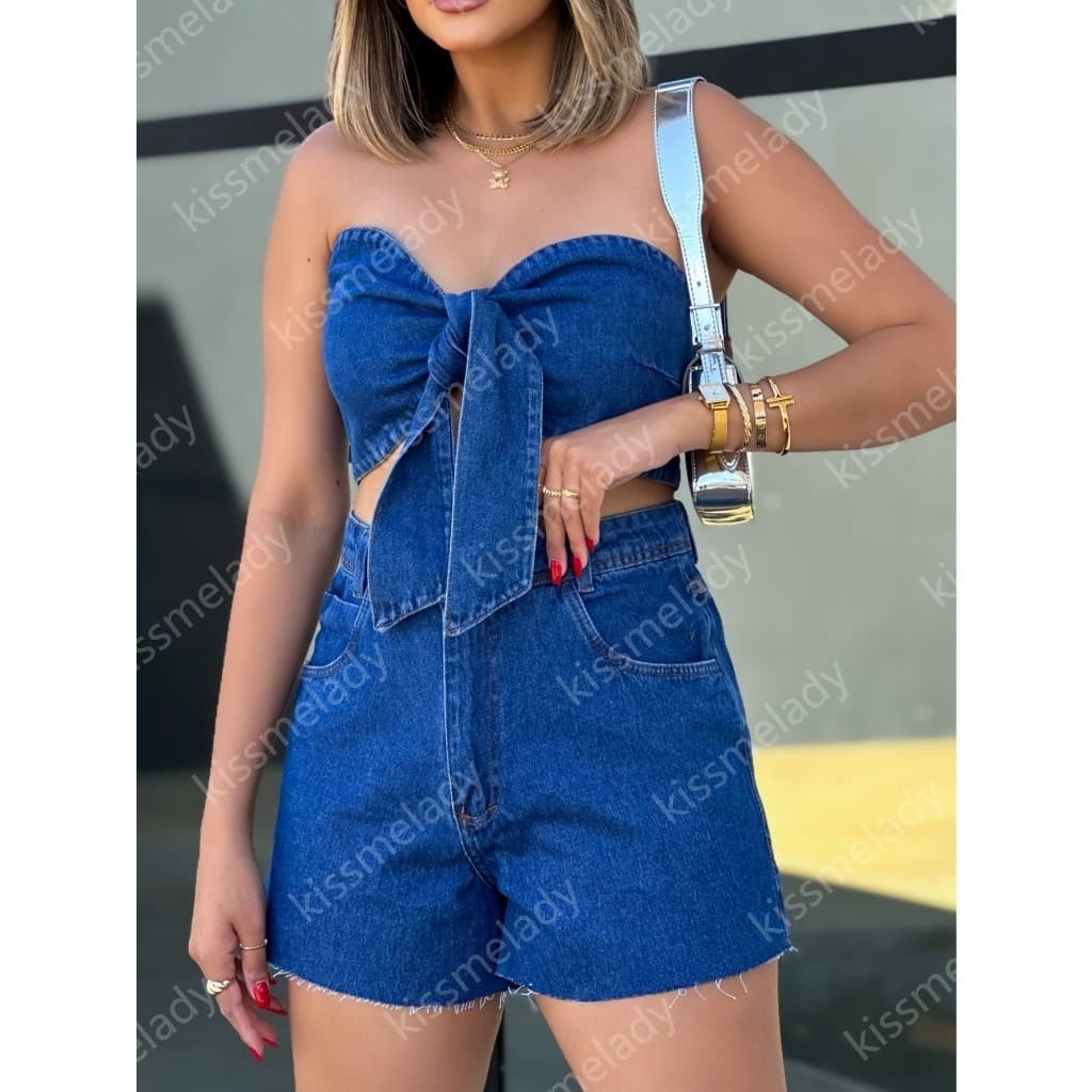 Janejeans 001 conjunto jeans feminina blusa com short com bolsa com brilho  p38 m40 g42