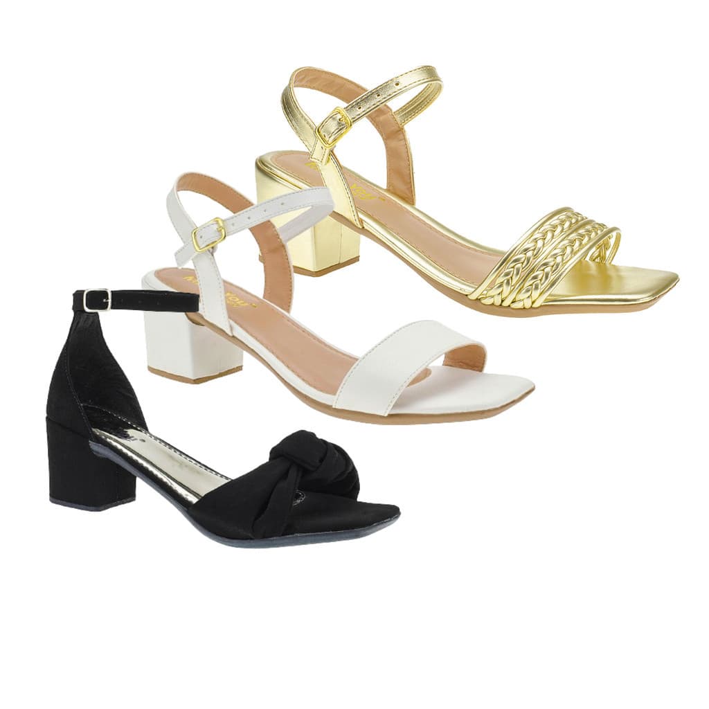 Kit 3 Pares de Sandália Feminina Salto Bico Quadrado Tiras