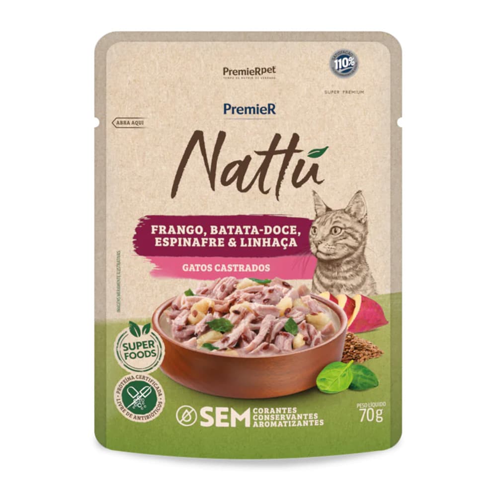 Ração Úmida Premier Nattu Sachê Gatos Castrados Frango, Batata Doce, Espinafre e Linhaça﻿ 70g