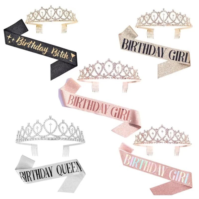 Novo Bling Strass Cristal Coroa Tiara Aniversário Decoração Feliz Cetim Faixa Fontes De Festa
