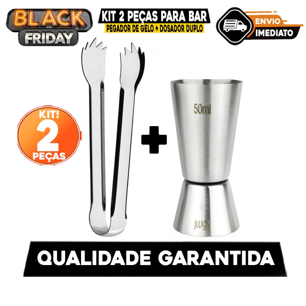 Kit 2 Peças Pegador de Gelo + Dosador Duplo de Drink Aço Inox Bar Drinks Bebidas