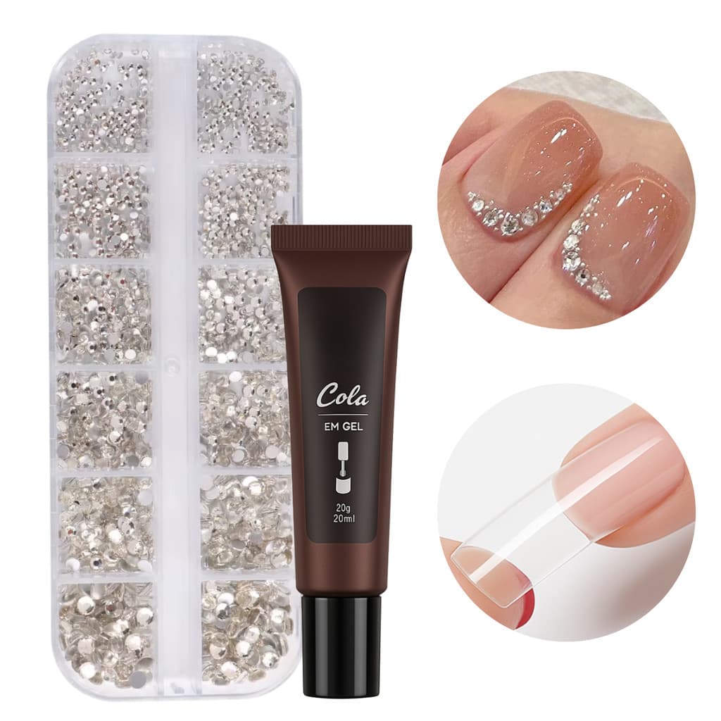 Kit 12 Strass Decoração Unhas Transparente + Cola De Unha Postiça Solida Em Gel 20g