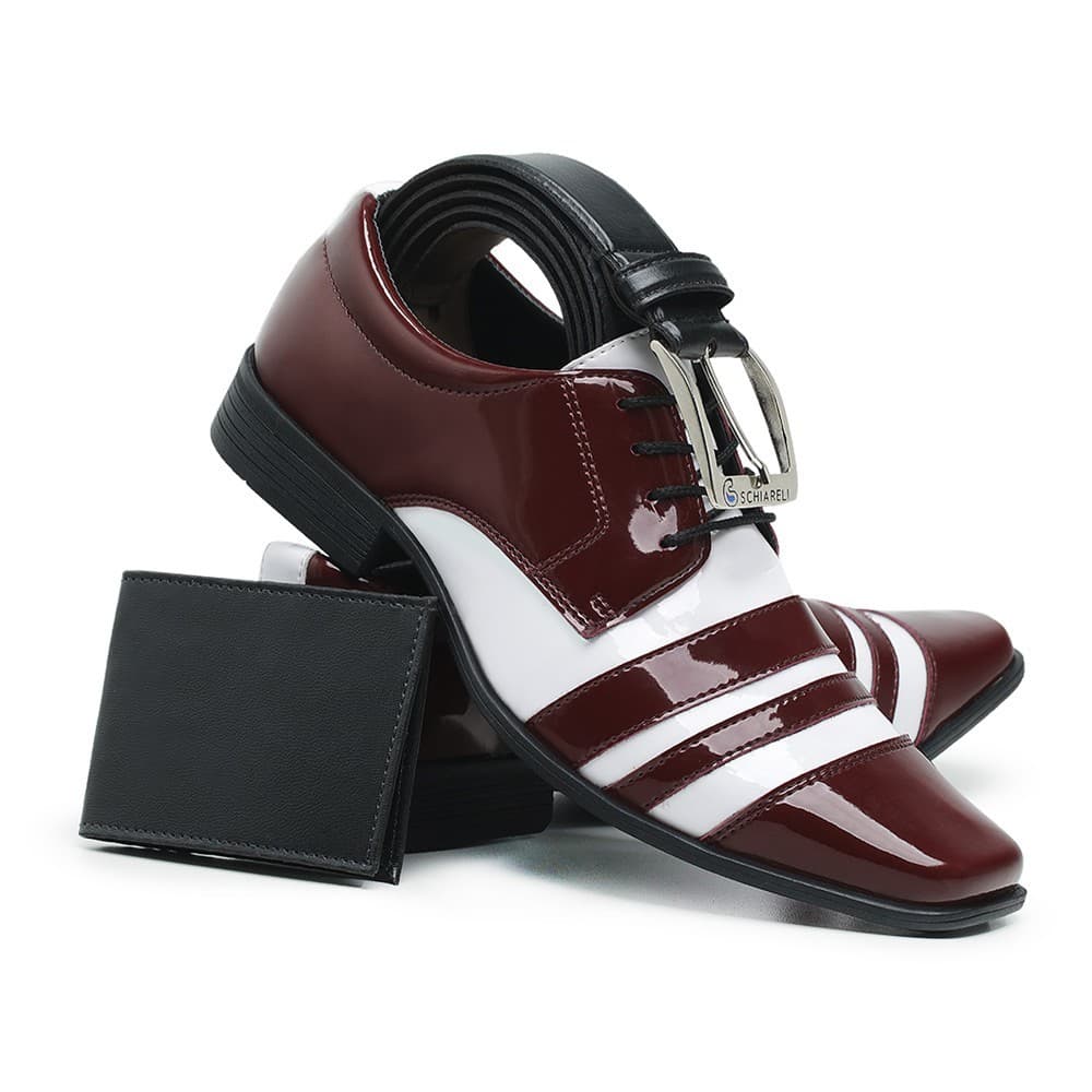 Kit Sapato Social Verniz Brilho Cores Com Cinto E Carteira Masculino Conforto Casual 840
