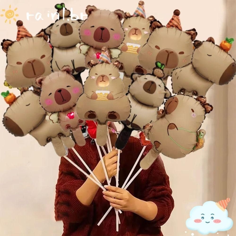 Balão Metalizado Mini Capivara Capybara + Vareta Kit 10un~40un Balões Metalizados Enfeite Festa Aniversário Arranjo Mesa