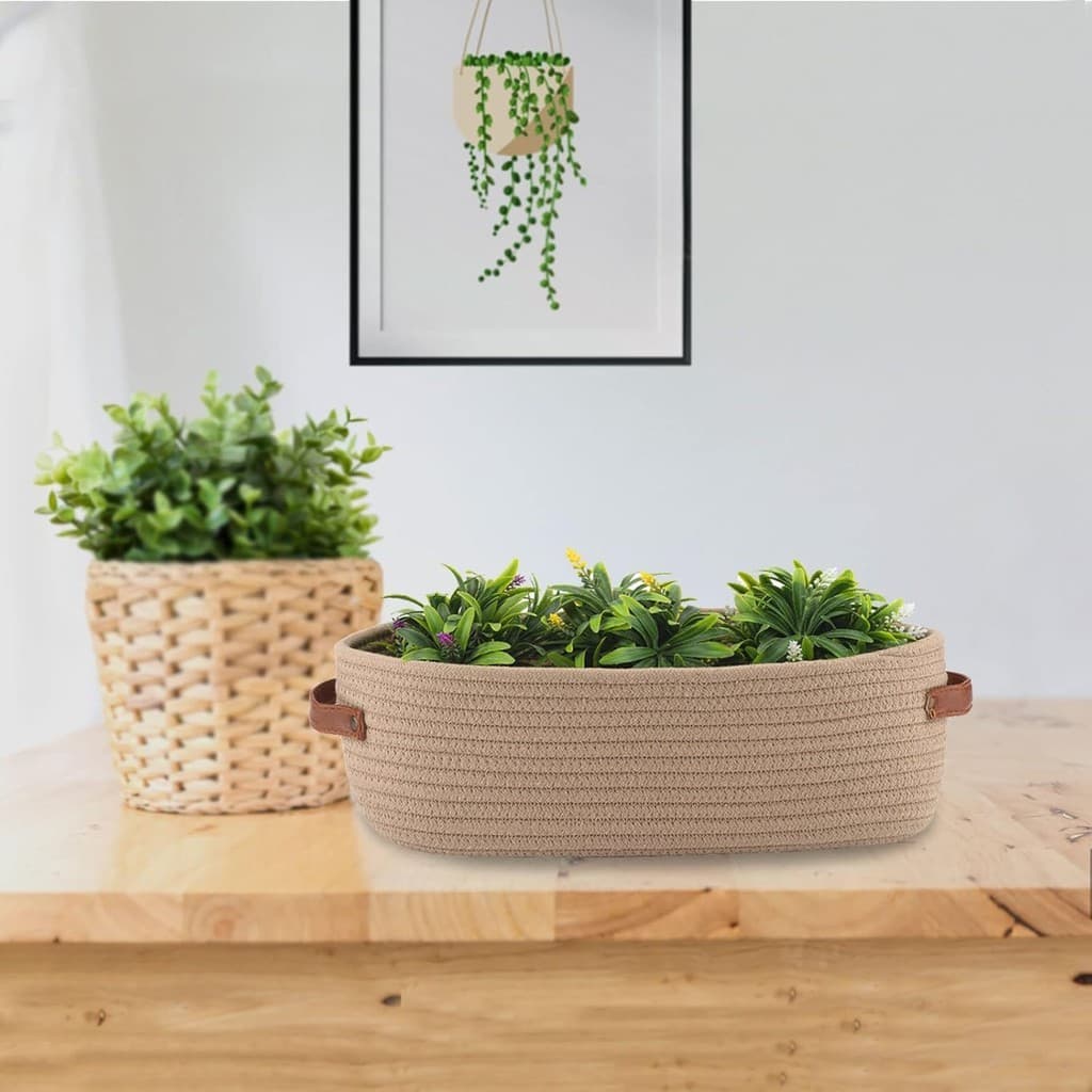 Cesto Decorativo para Armazenamento e Organização Corda de Algodão Detalhe em Couro 33cmx15cm