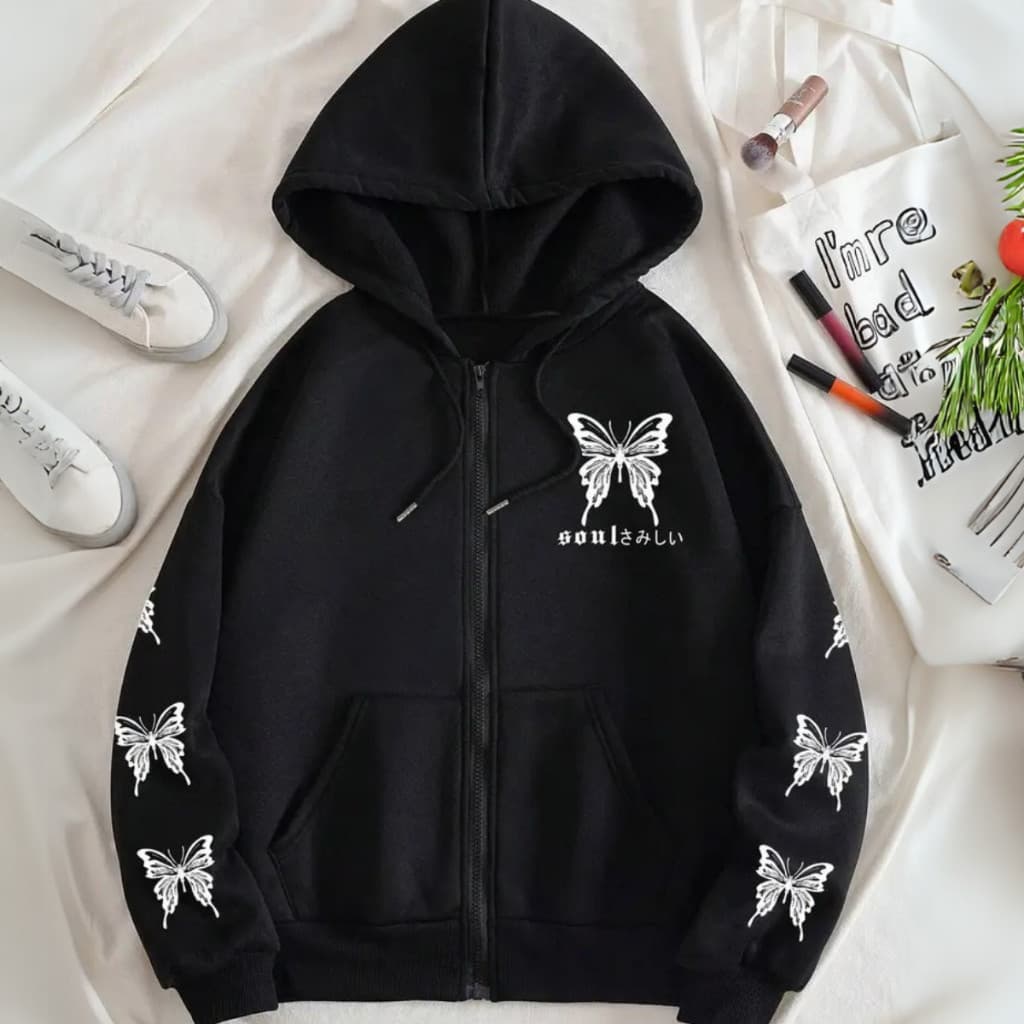 Moletom Borboleta Soul Japonês Gótico Ziper Oversized Streetwear