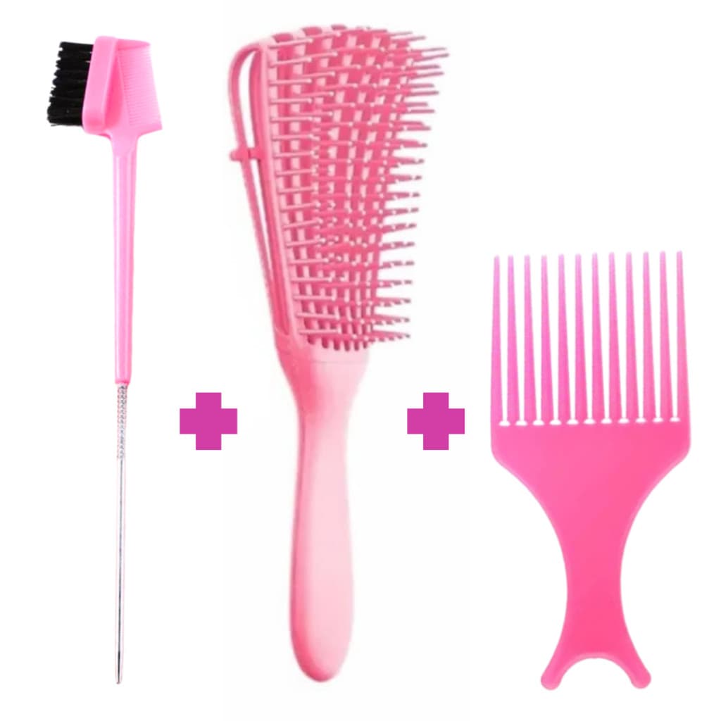 Kit Definição e Volume Para Cabelos Cacheados e Crespo Pente 3 em 1 + Escova Polvo + Pente Garfo Cores Variadas