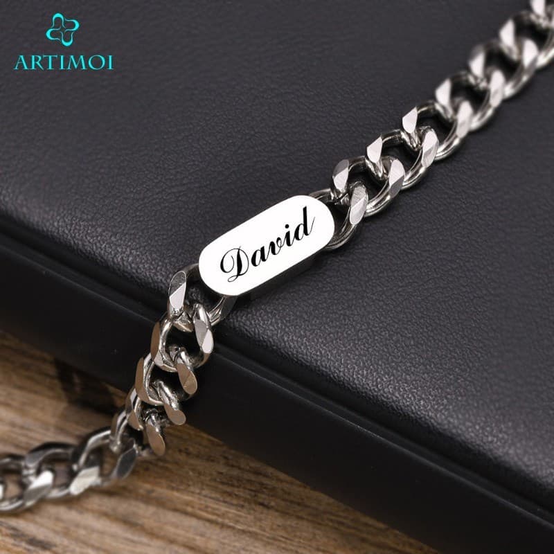 Pulseiras De Corrente Cubana Personalizadas ARTIMOI Com Etiqueta , Pulseira De Aço Inoxidável De 7.8 Mm De Largura , Pre