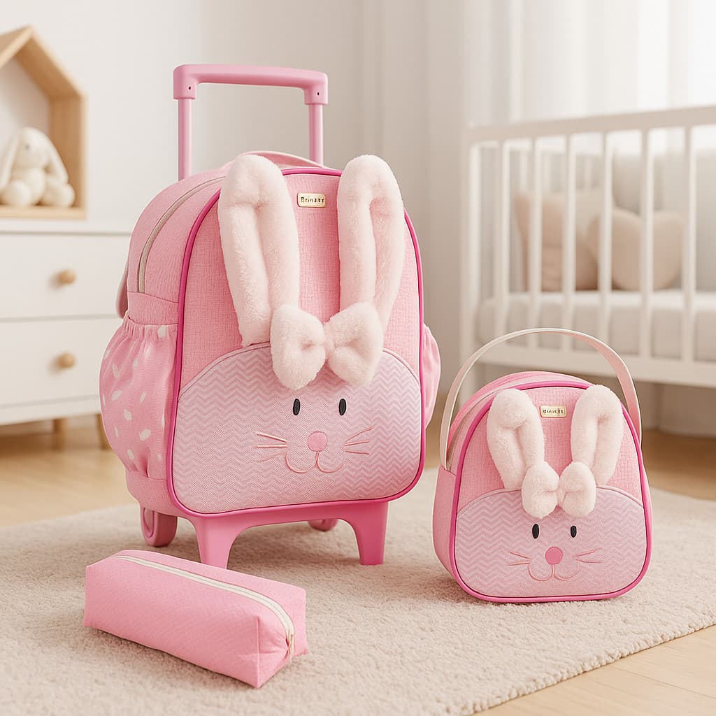 Kit Mochila Com Lancheira Rodinha De Carrinho Infantil Coelhinha Coelha Bichinhos Zoo