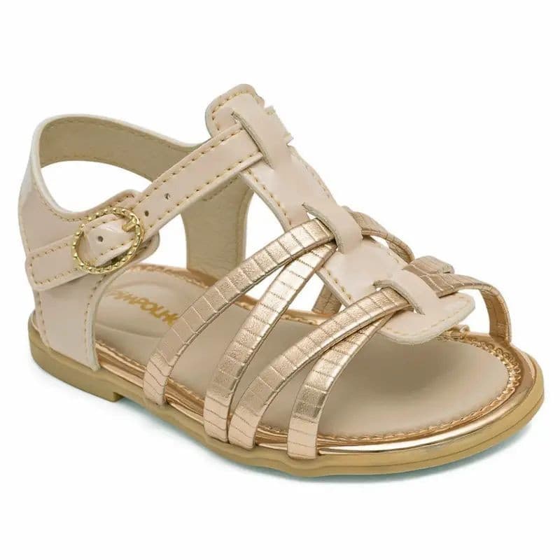 Sandália Infantil Pimpolho Bebê Menina Dourada / Off White Solado Emborrachado Feminina