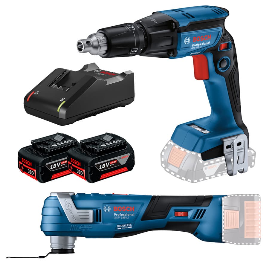 Kit Parafusadeira Drywall GTB 185-LI + Multicortadora Oscilante GOP 185-LI + 2 Bateria 4Ah + Carregador Rápido Bosch