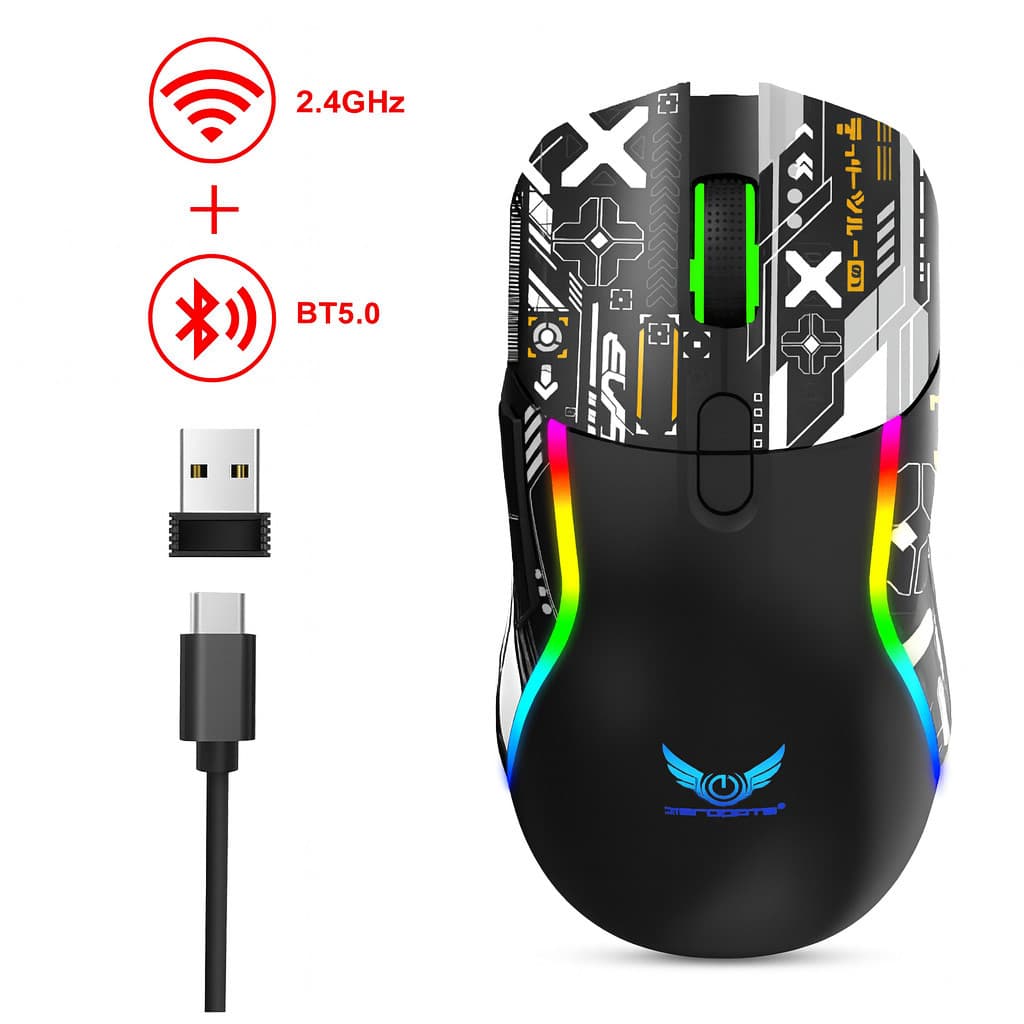 Mouse Gamer Sem Fio 2.4GHz + Bluetooth 5.0 RGB Recarregável