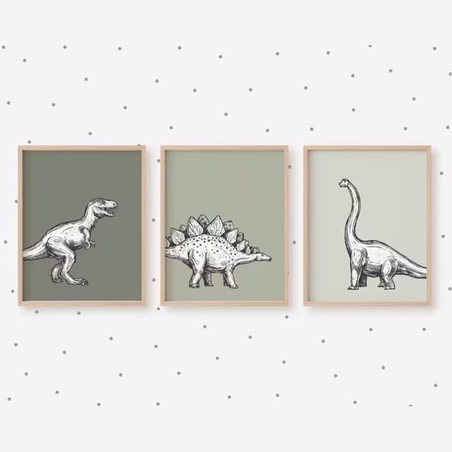 Kit 3 Peças Quadros Decorativos Dinossauros Para Quarto Sala Escritório Infantil