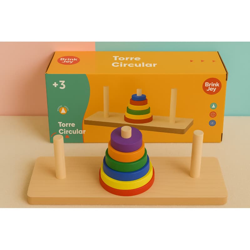 Torre de Hanói Brinquedo MDF Pedagógico Educativo e Desafio Colorido para Bebês Brinquedo Infantil