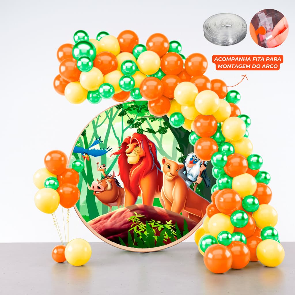Kit 125 Balões Festa Rei Leão + Fita Arco - Balão Bexiga Liso/Cromado Para Aniversários