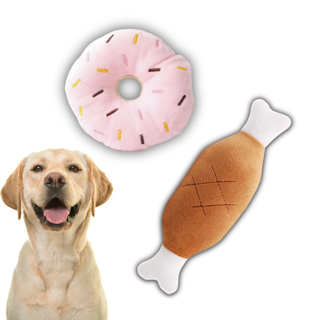 Kit 2 Brinquedo Pelúcia Para Pets Apito Donuts Rosquinha Pernil Mordedor Antiestresse