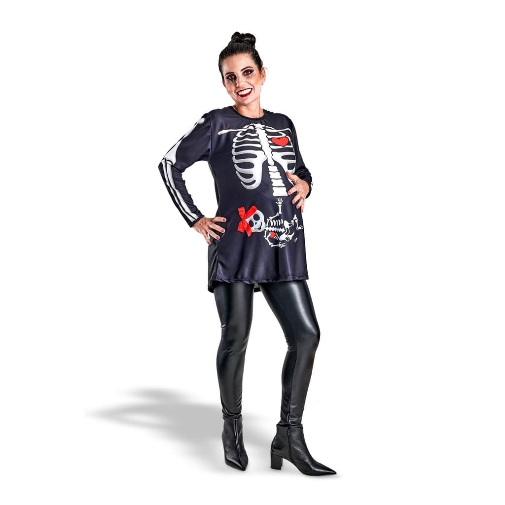 Fantasia Caveira Gestante Bata para Grávida Esqueletinho Menino ou Menina Poncho Adulto Festa Halloween Dia das Bruxas