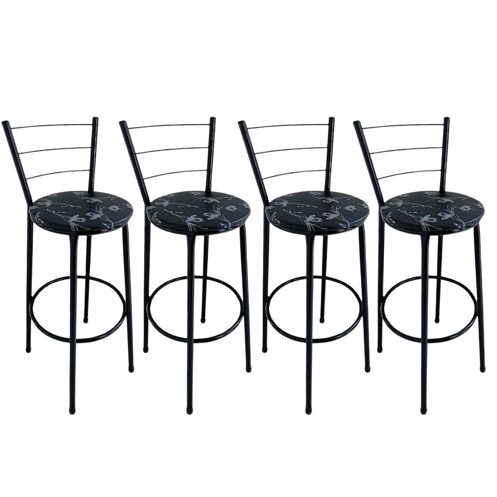 Kit 4 Banquetas Alta Preta com Encosto Assento Floral Preto Jaddi