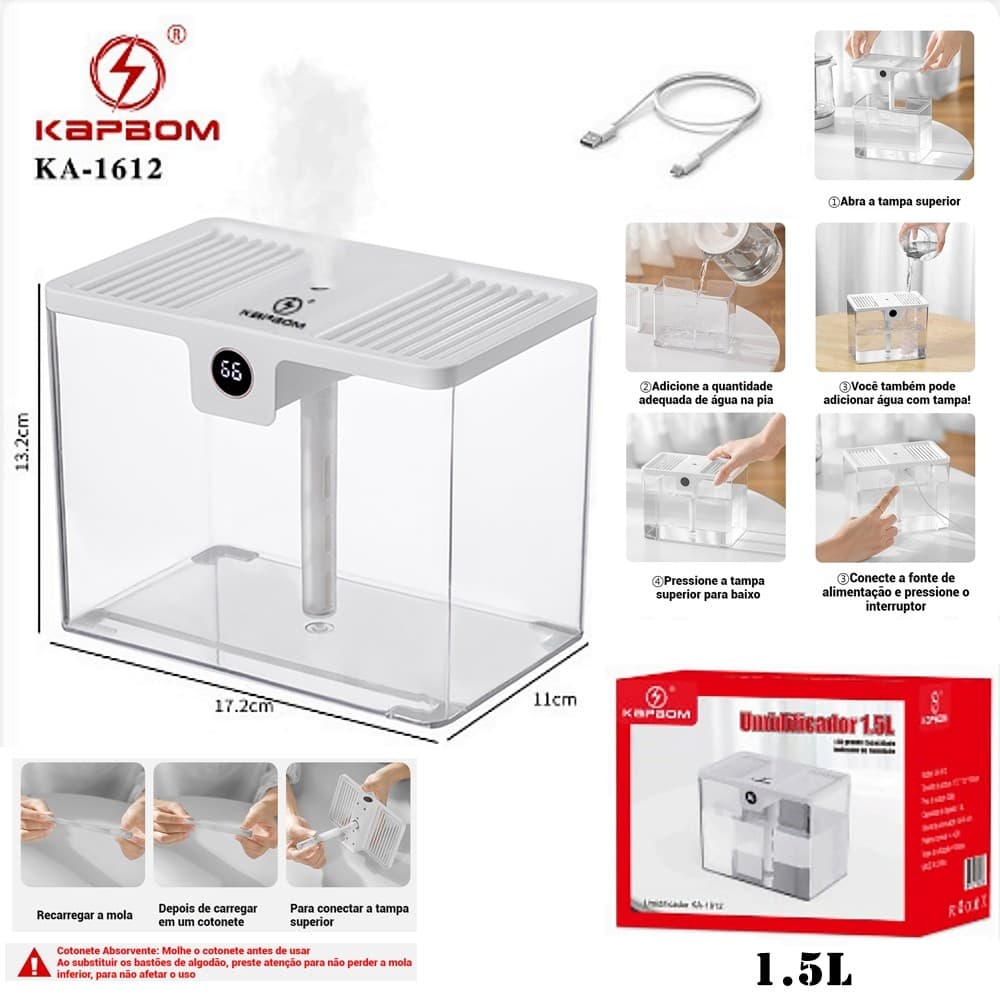 Umidificador De Ar 1.5L Com Versão De Display Digital Alta Capacidade Com Medidor de Temperatura