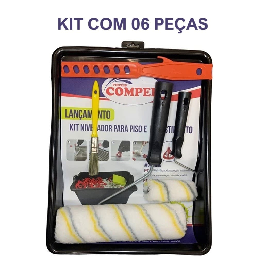 Kit Pintura 6 pcs Compel Rolos 9 e 23cm + Suporte + Trincha + Bandeja Grande + Mexedor de Tinta