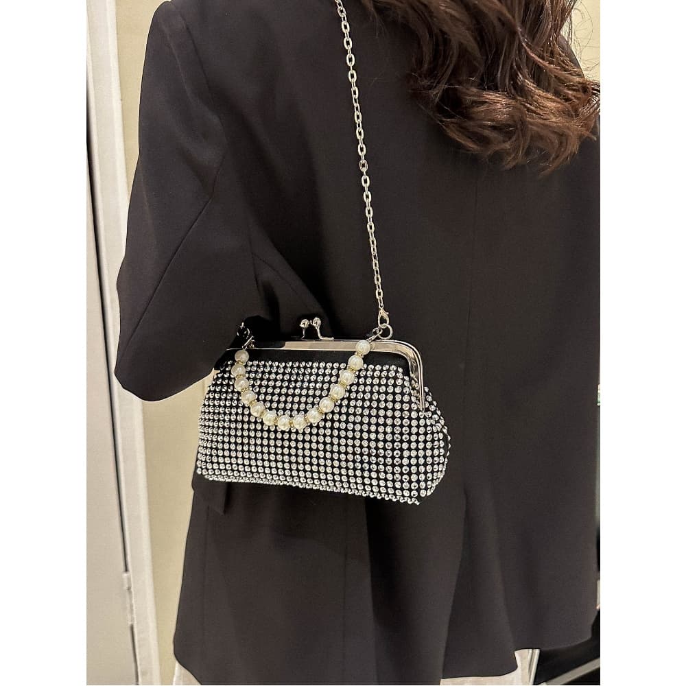 Bolsa Feminina Transversal Brilhante Clutch Strass Perola Festa Luxo