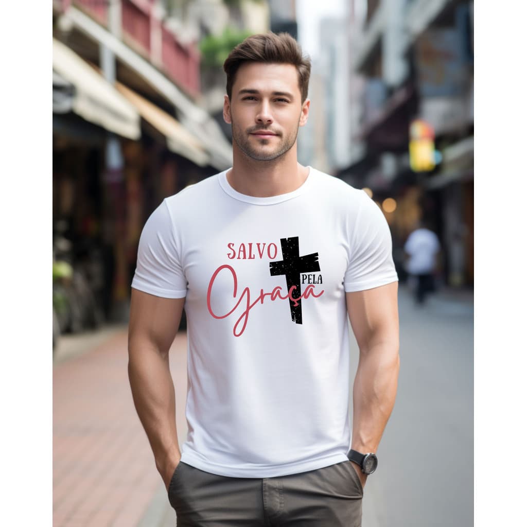 Blusa SALVO PELA GRAÇA Masculina Evangélica Camisa Gospel Estampada Algodão